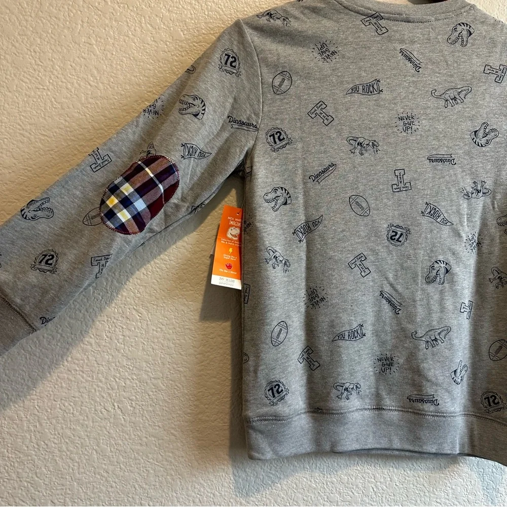 Boys’ Dinosaur sweatshirt New with Tags size 10 with cute plaid elbow patch - Picture 3 of 7